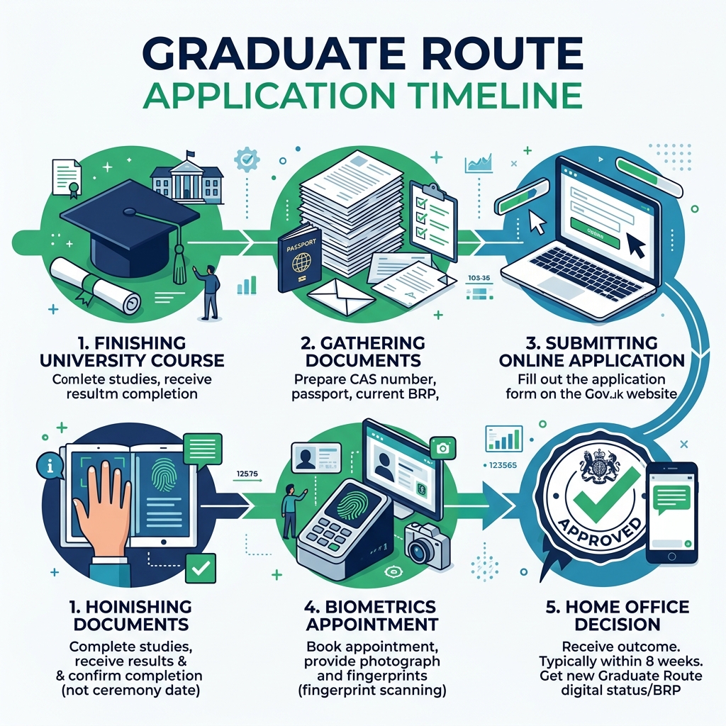 The five stages of a Graduate Route application, from finishing your course to the Home Office decision